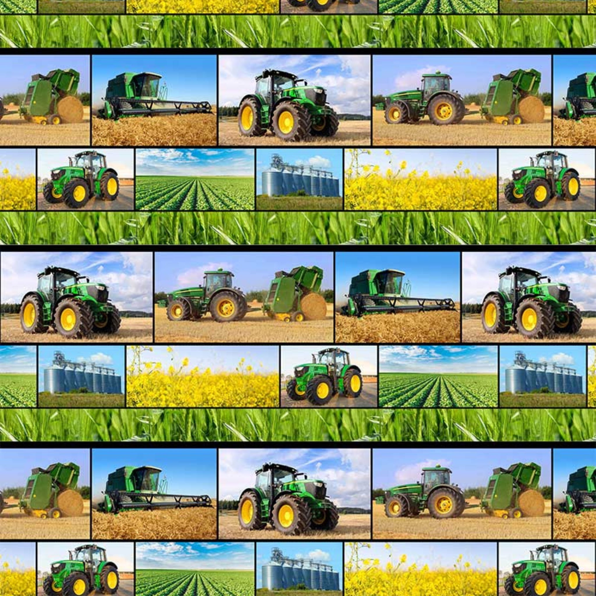Green fabric with strips of tractors and fields, perfect for boys' quilting projects for farm lovers