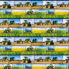 Green fabric with strips of tractors and fields, perfect for boys' quilting projects for farm lovers