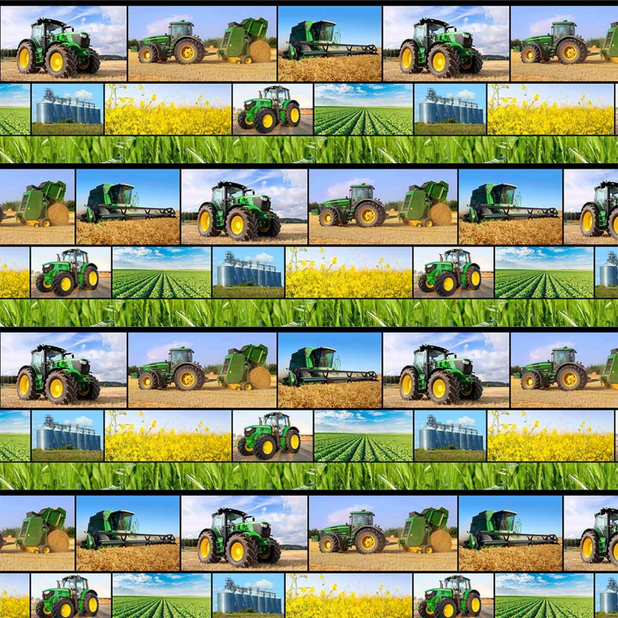 Green fabric with strips of tractors and fields, perfect for boys' quilting projects for farm lovers