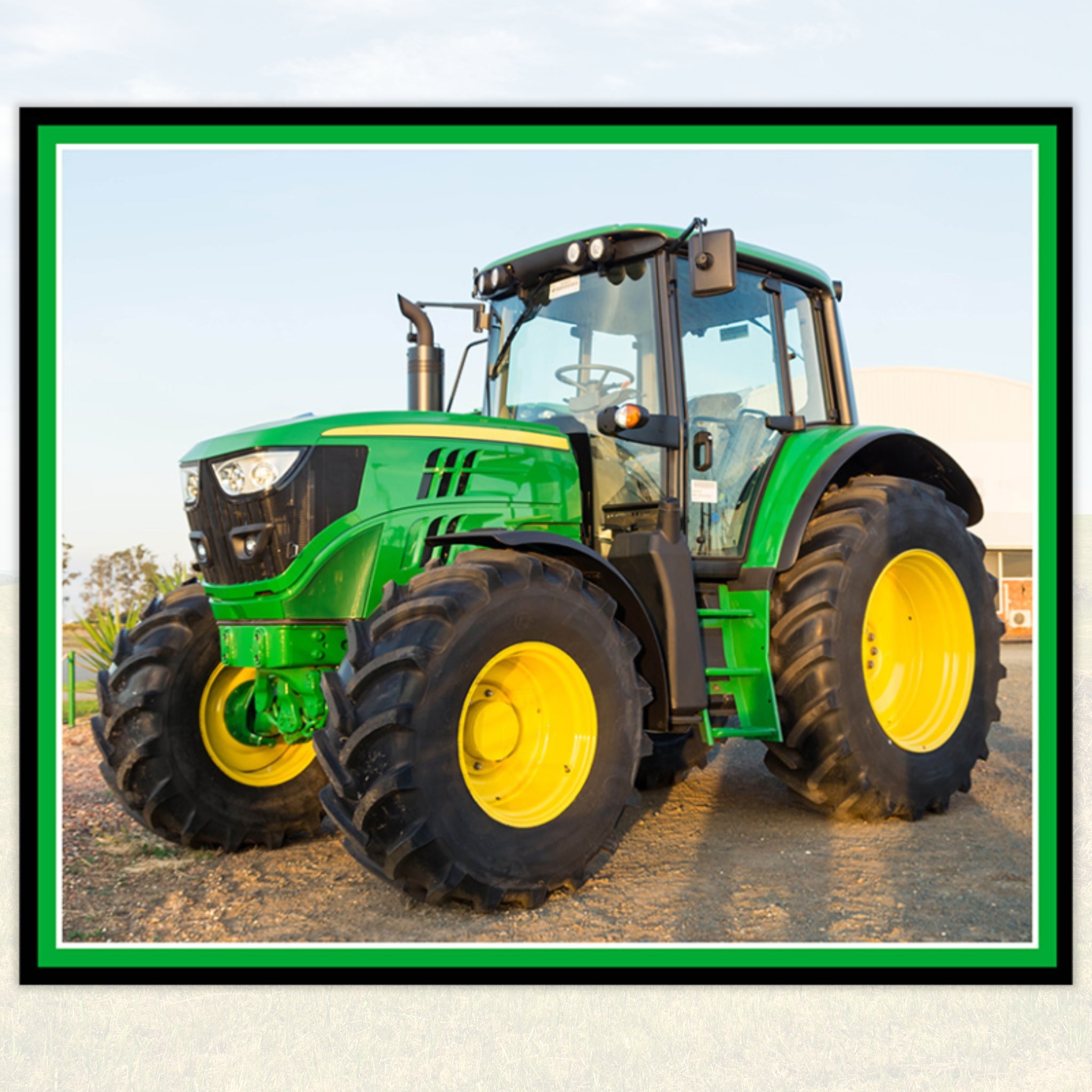 Green tractor panel fabric with detailed farm machinery, perfect for boys' quilting projects for farm lovers
