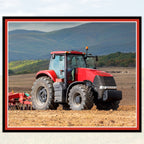 Red tractor panel fabric with detailed farm machinery, perfect for boys' quilting projects for farm lovers