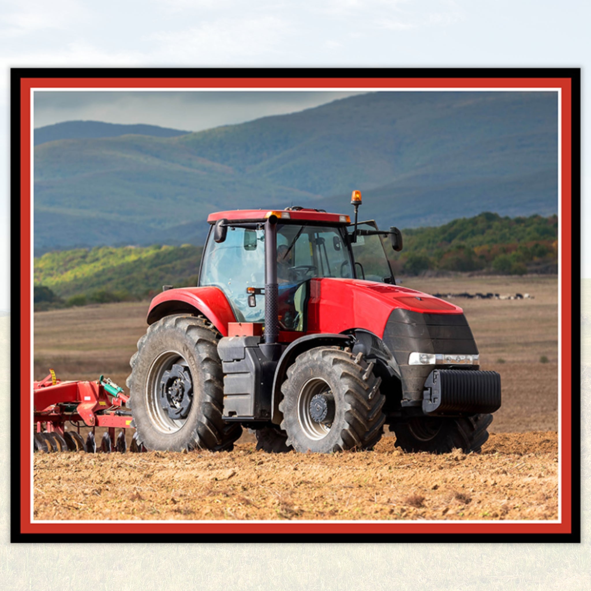 Red tractor panel fabric with detailed farm machinery, perfect for boys' quilting projects for farm lovers