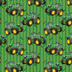 Green tractor toss fabric with patterned background, perfect for boys' quilting projects for farm lovers
