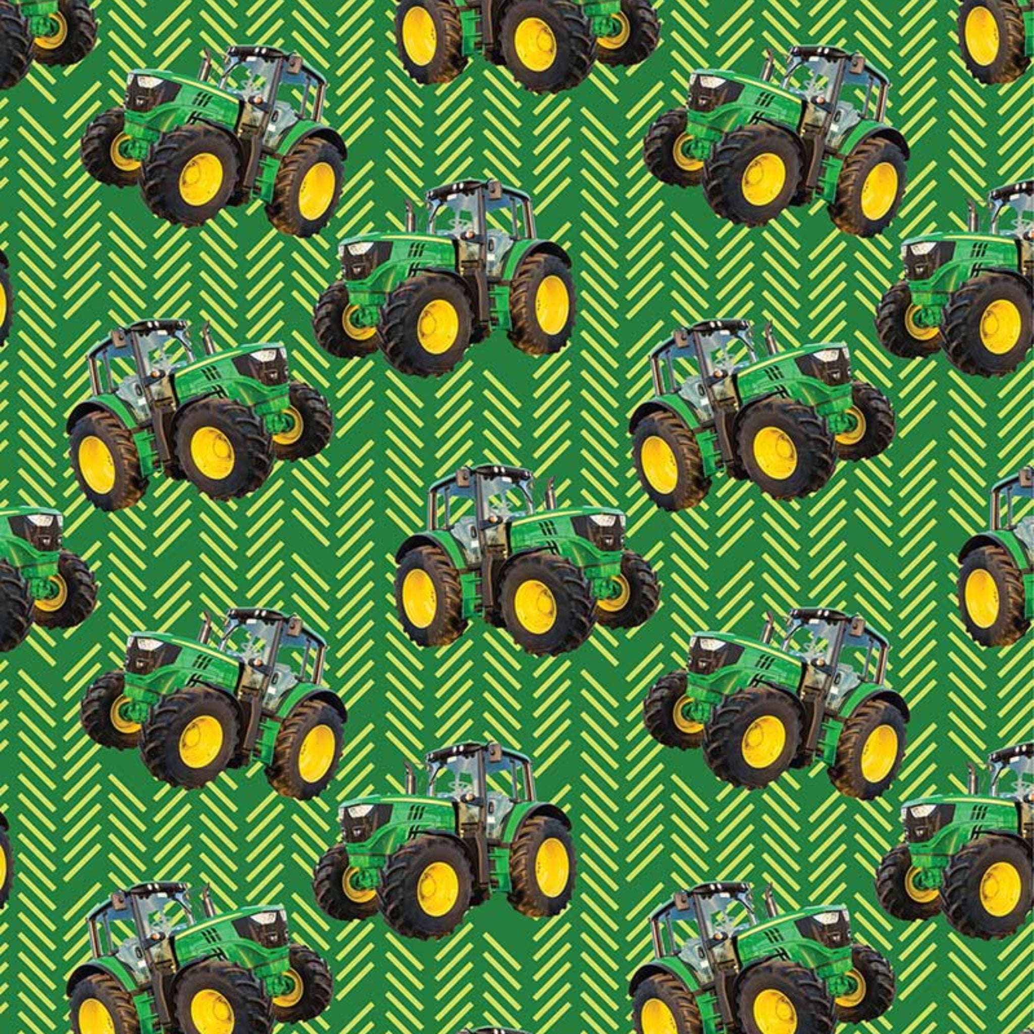 Green tractor toss fabric with patterned background, perfect for boys' quilting projects for farm lovers