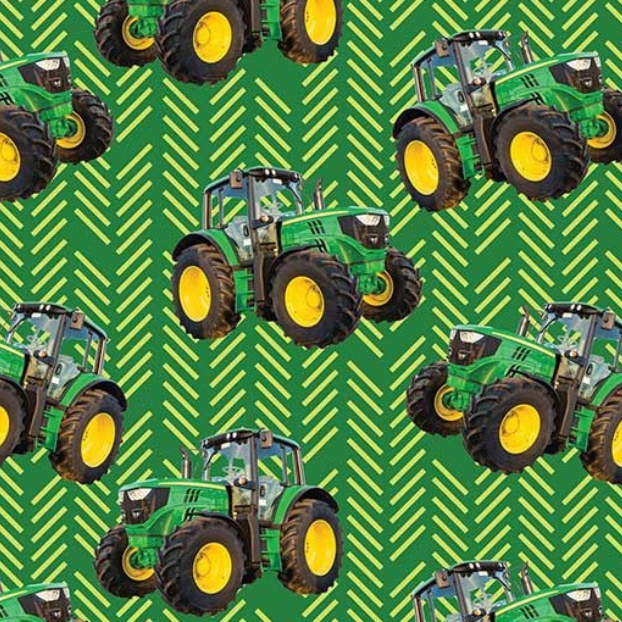 Green tractor toss fabric with patterned background, perfect for boys' quilting projects for farm lovers