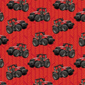 Red tractor toss fabric with patterned background, perfect for boys' quilting projects for farm lovers