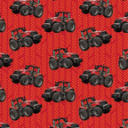 Red tractor toss fabric with patterned background, perfect for boys' quilting projects for farm lovers