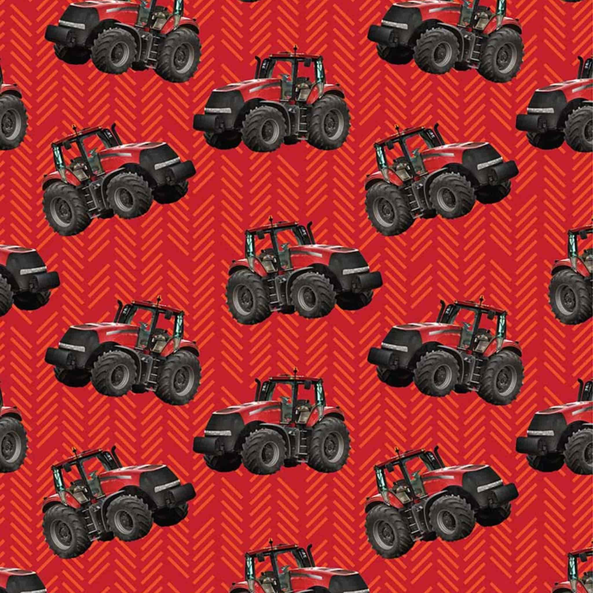Red tractor toss fabric with patterned background, perfect for boys' quilting projects for farm lovers
