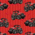 Red tractor toss fabric with patterned background, perfect for boys' quilting projects for farm lovers