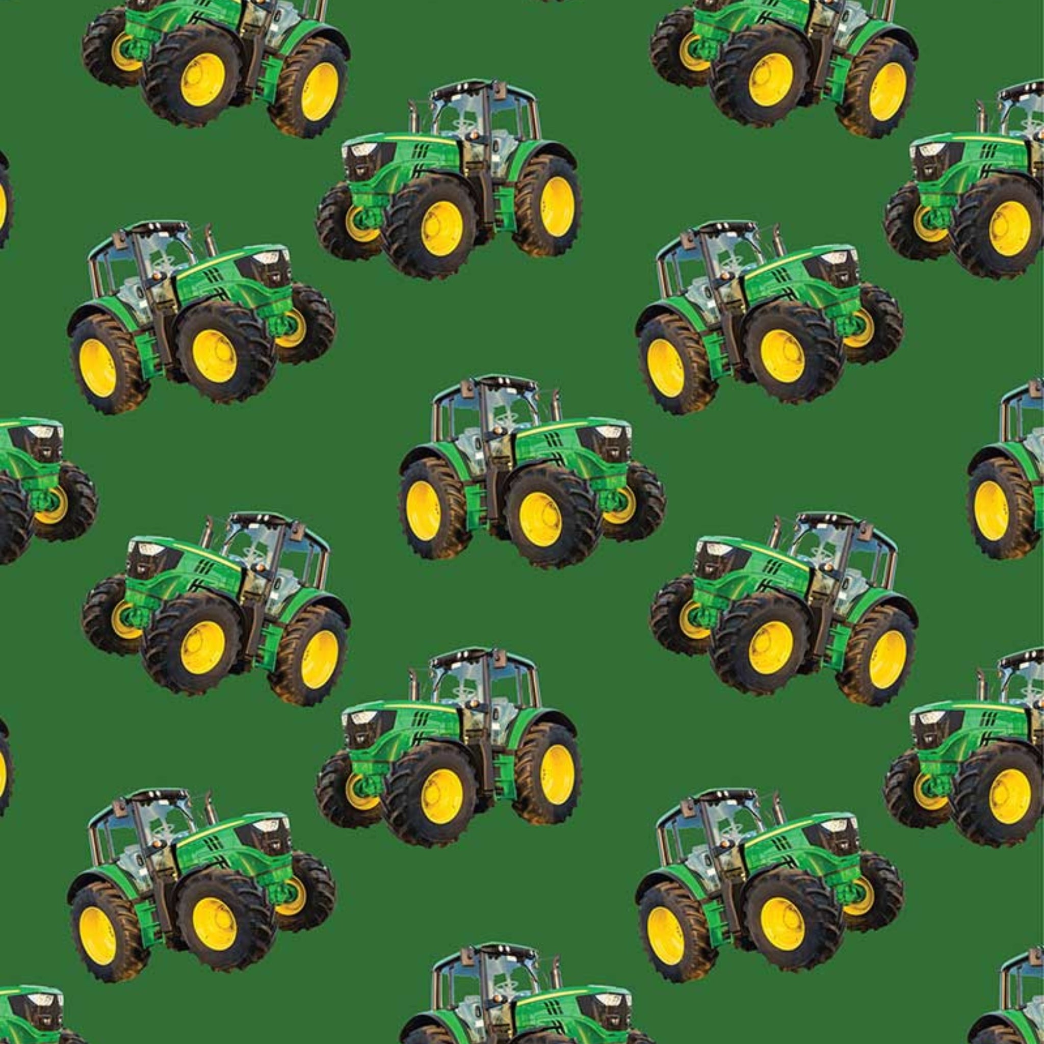 Green tractor toss fabric on solid green background, perfect for boys' quilting projects for farm lovers