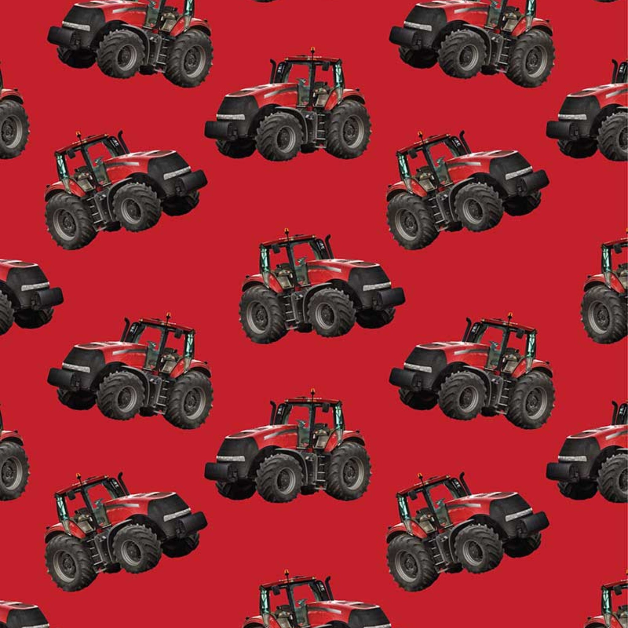 Red tractor toss fabric on solid red background, perfect for boys' quilting projects for farm lovers