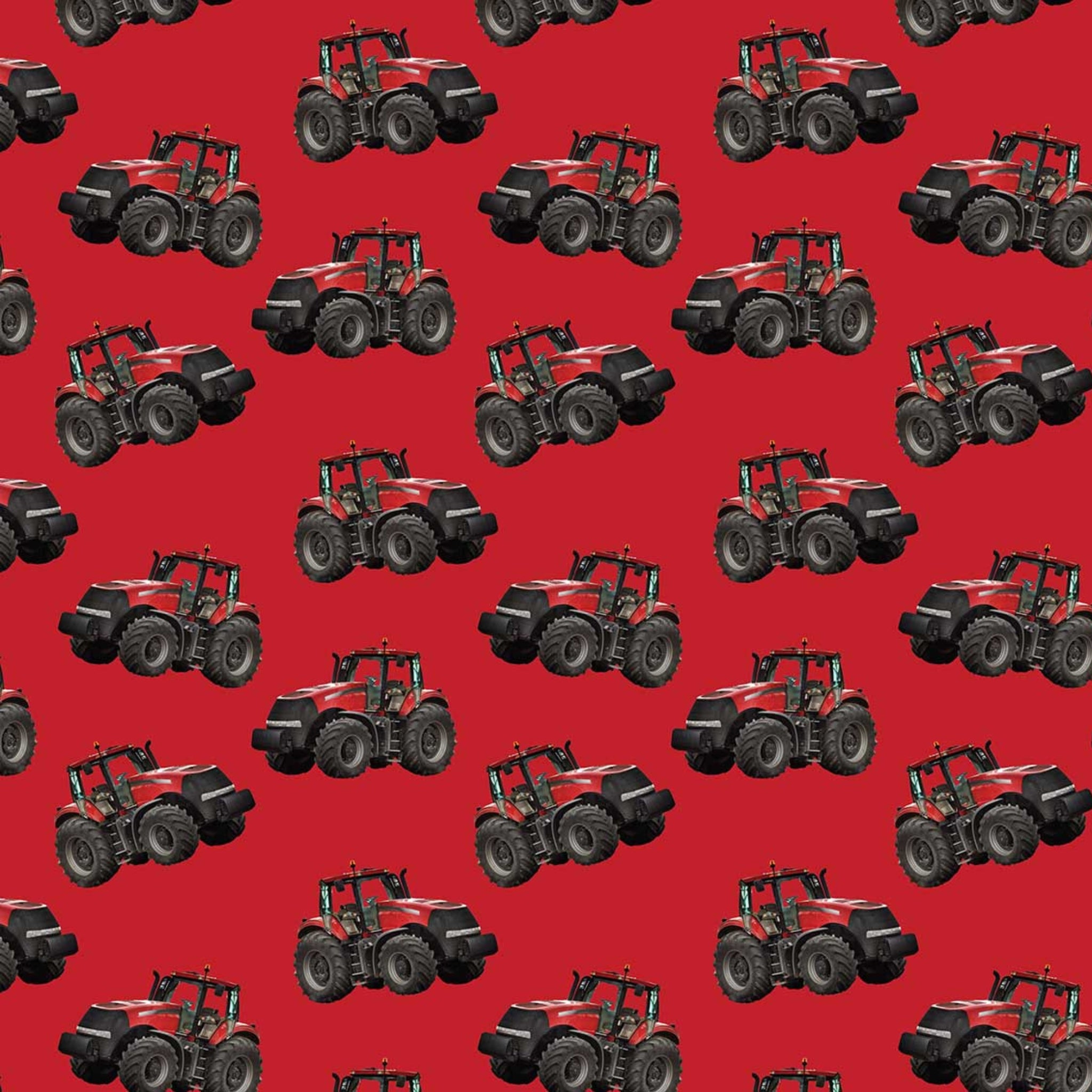 Red tractor toss fabric on solid red background, perfect for boys' quilting projects for farm lovers