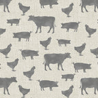 Grey cow pig chicken farm animal silhouettes cream beige linen-look fabric for farm-themed quilts cushion covers tote bags and farmer gifts