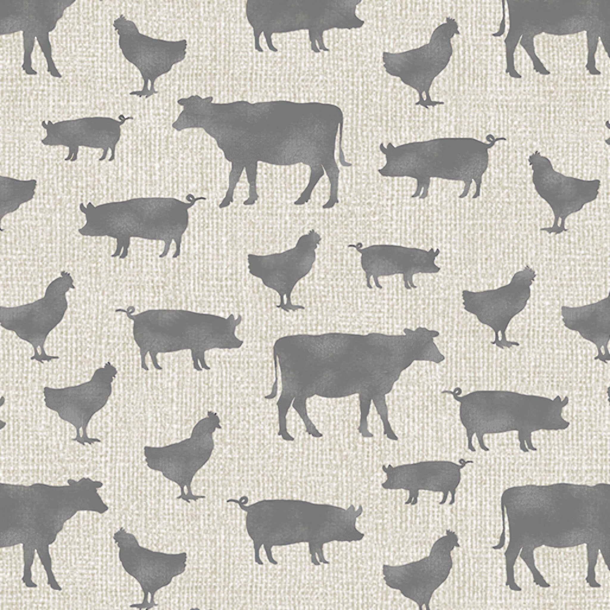 Grey cow pig chicken farm animal silhouettes cream beige linen-look fabric for farm-themed quilts cushion covers tote bags and farmer gifts