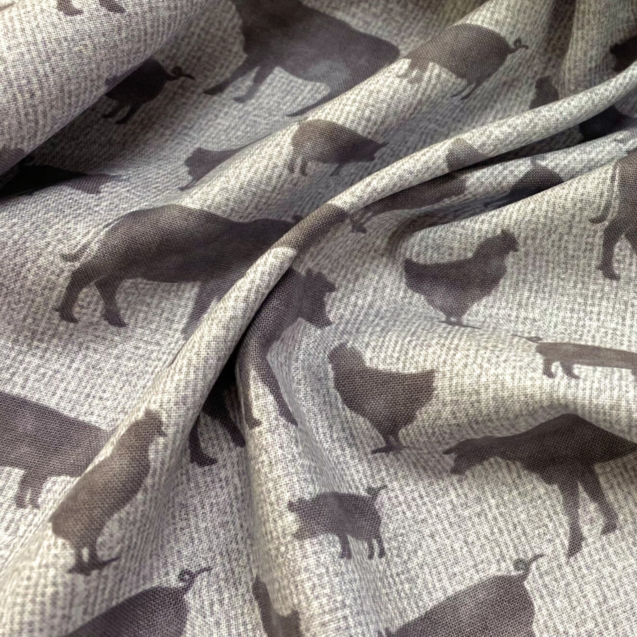 Grey cow pig chicken farm animal silhouettes cream beige linen-look fabric for farm-themed quilts cushion covers tote bags and farmer gifts