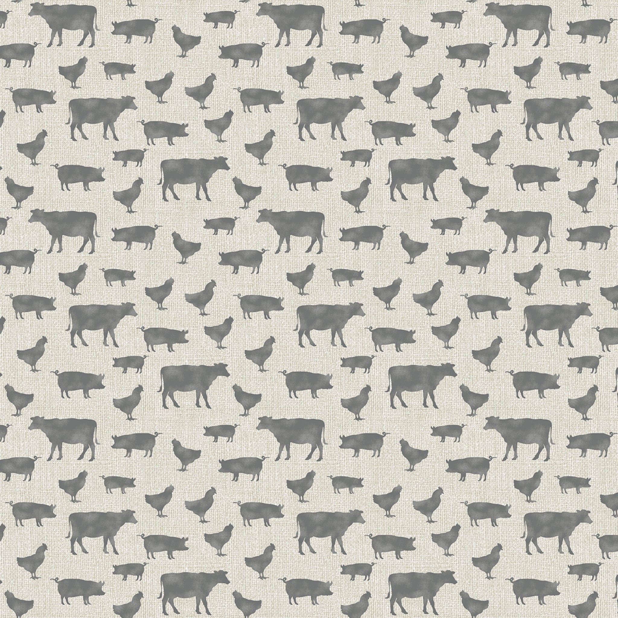 Grey cow pig chicken farm animal silhouettes cream beige linen-look fabric for farm-themed quilts cushion covers tote bags and farmer gifts