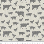 Grey cow pig chicken farm animal silhouettes cream beige linen-look fabric for farm-themed quilts cushion covers tote bags and farmer gifts