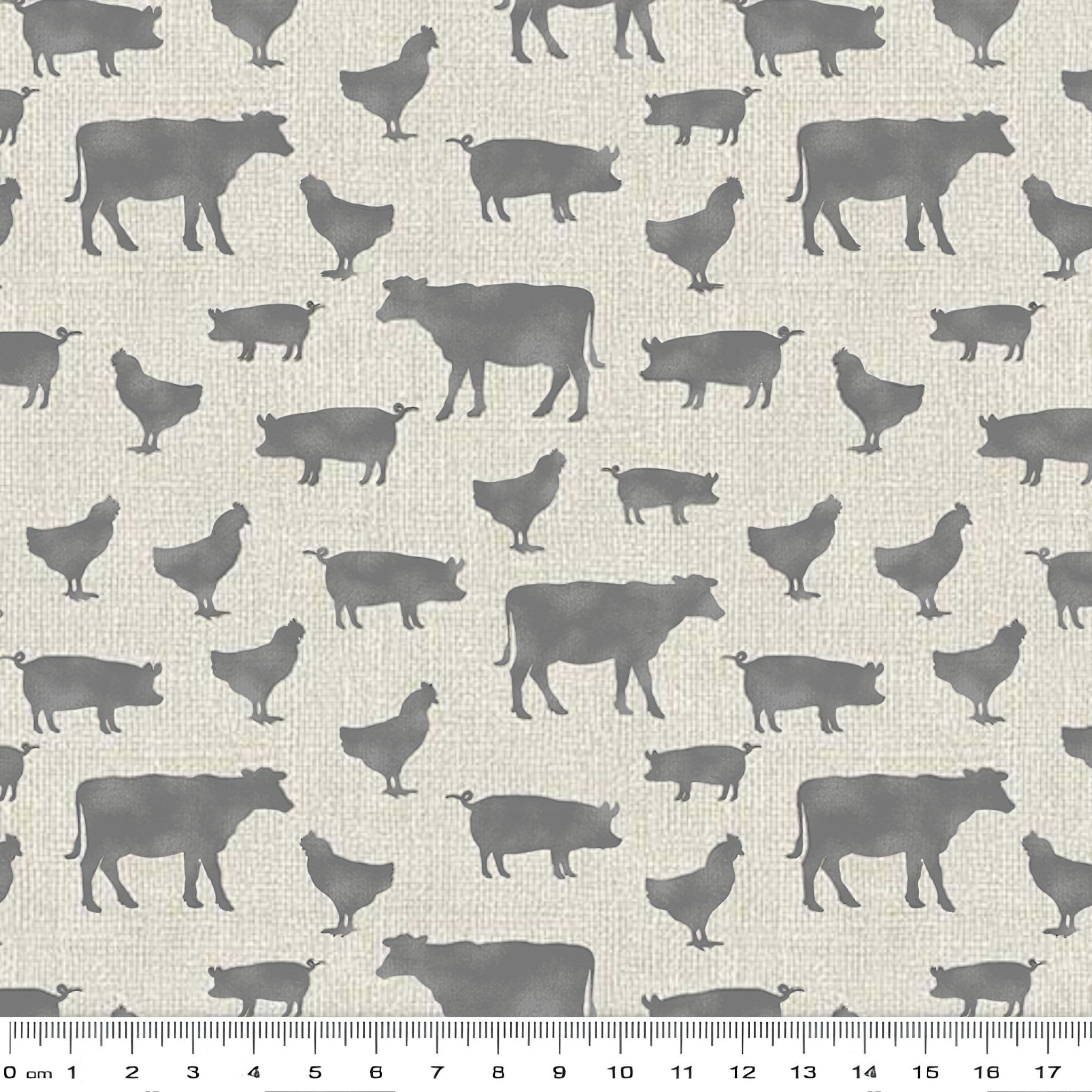 Grey cow pig chicken farm animal silhouettes cream beige linen-look fabric for farm-themed quilts cushion covers tote bags and farmer gifts