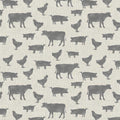 Grey cow pig chicken farm animal silhouettes cream beige linen-look fabric for farm-themed quilts cushion covers tote bags and farmer gifts