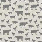Grey cow pig chicken farm animal silhouettes cream beige linen-look fabric for farm-themed quilts cushion covers tote bags and farmer gifts