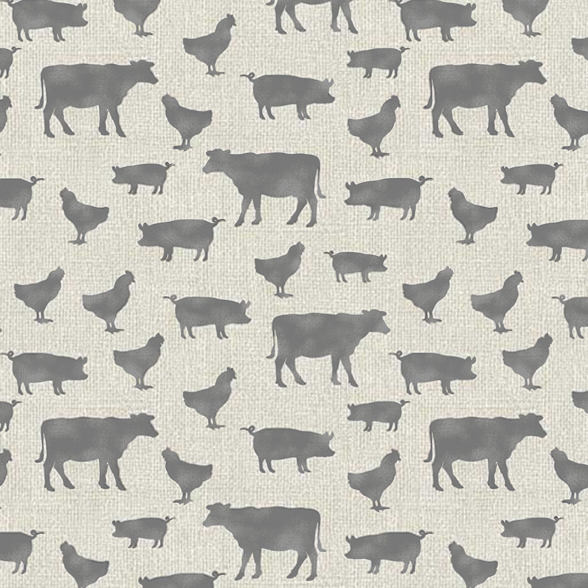 Grey cow pig chicken farm animal silhouettes cream beige linen-look fabric for farm-themed quilts cushion covers tote bags and farmer gifts