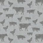 Grey cow pig chicken farm animal silhouettes soft grey linen-look fabric for farm-themed quilts cushion covers tote bags and farmer gifts