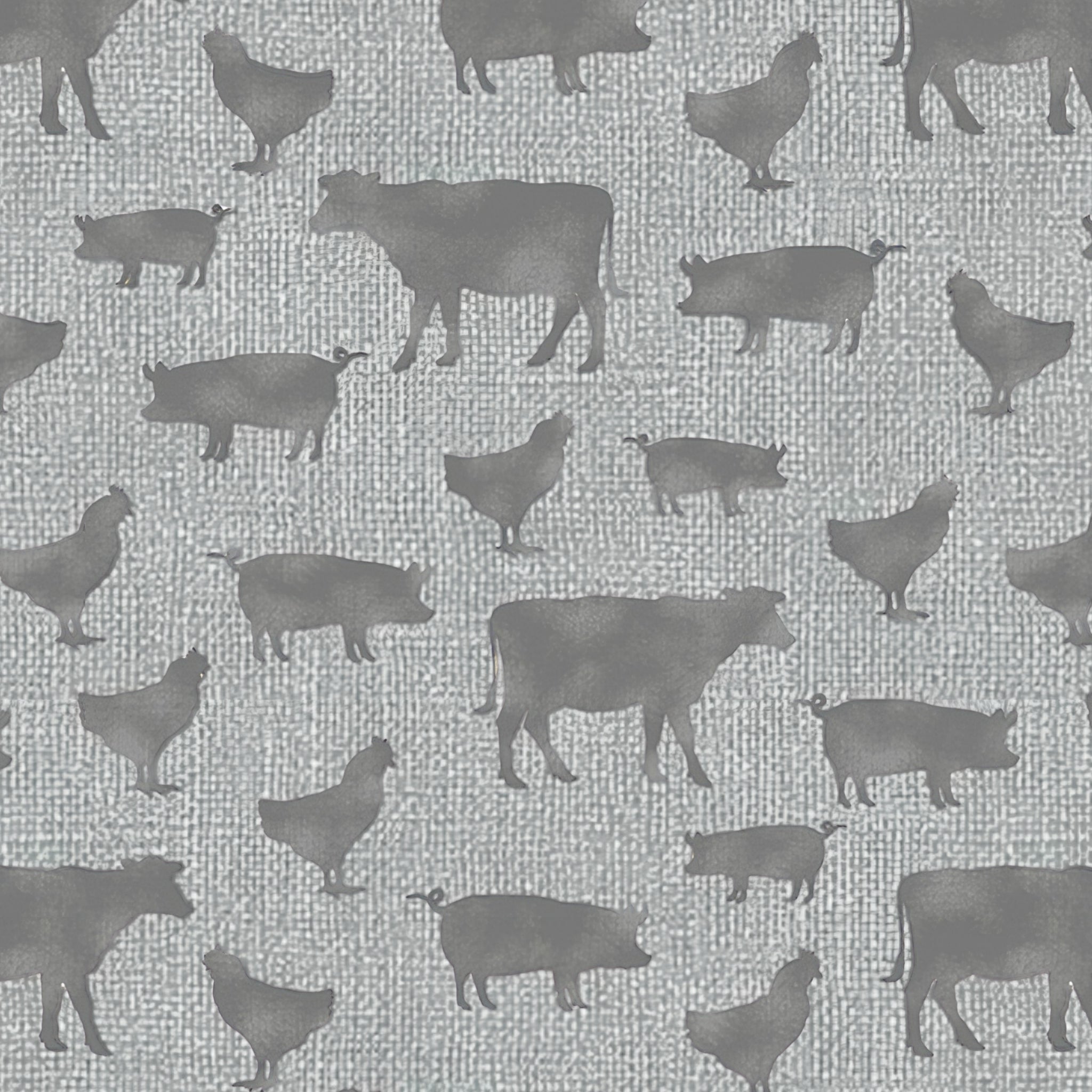 Grey cow pig chicken farm animal silhouettes soft grey linen-look fabric for farm-themed quilts cushion covers tote bags and farmer gifts