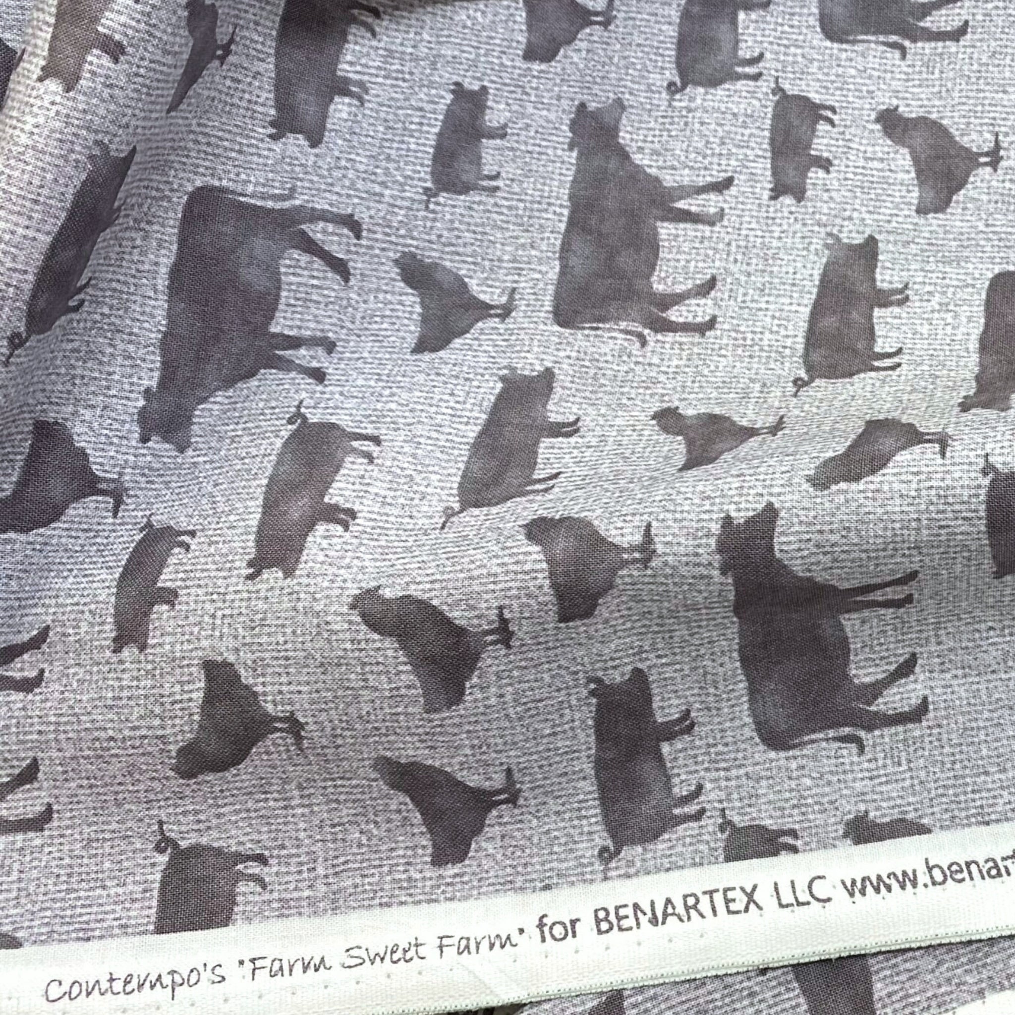 Grey cow pig chicken farm animal silhouettes soft grey linen-look fabric for farm-themed quilts cushion covers tote bags and farmer gifts