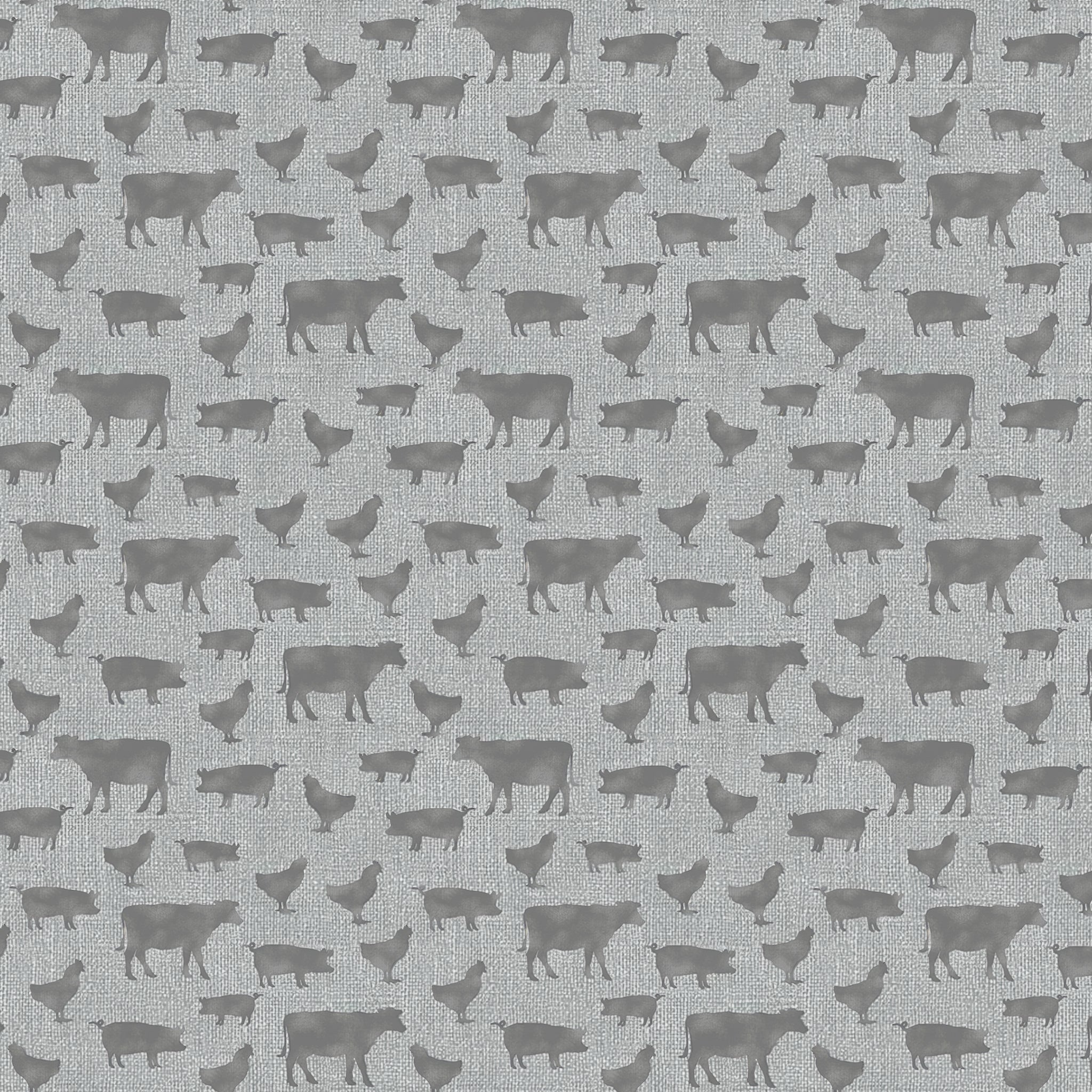 Grey cow pig chicken farm animal silhouettes soft grey linen-look fabric for farm-themed quilts cushion covers tote bags and farmer gifts