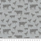 Grey cow pig chicken farm animal silhouettes soft grey linen-look fabric for farm-themed quilts cushion covers tote bags and farmer gifts