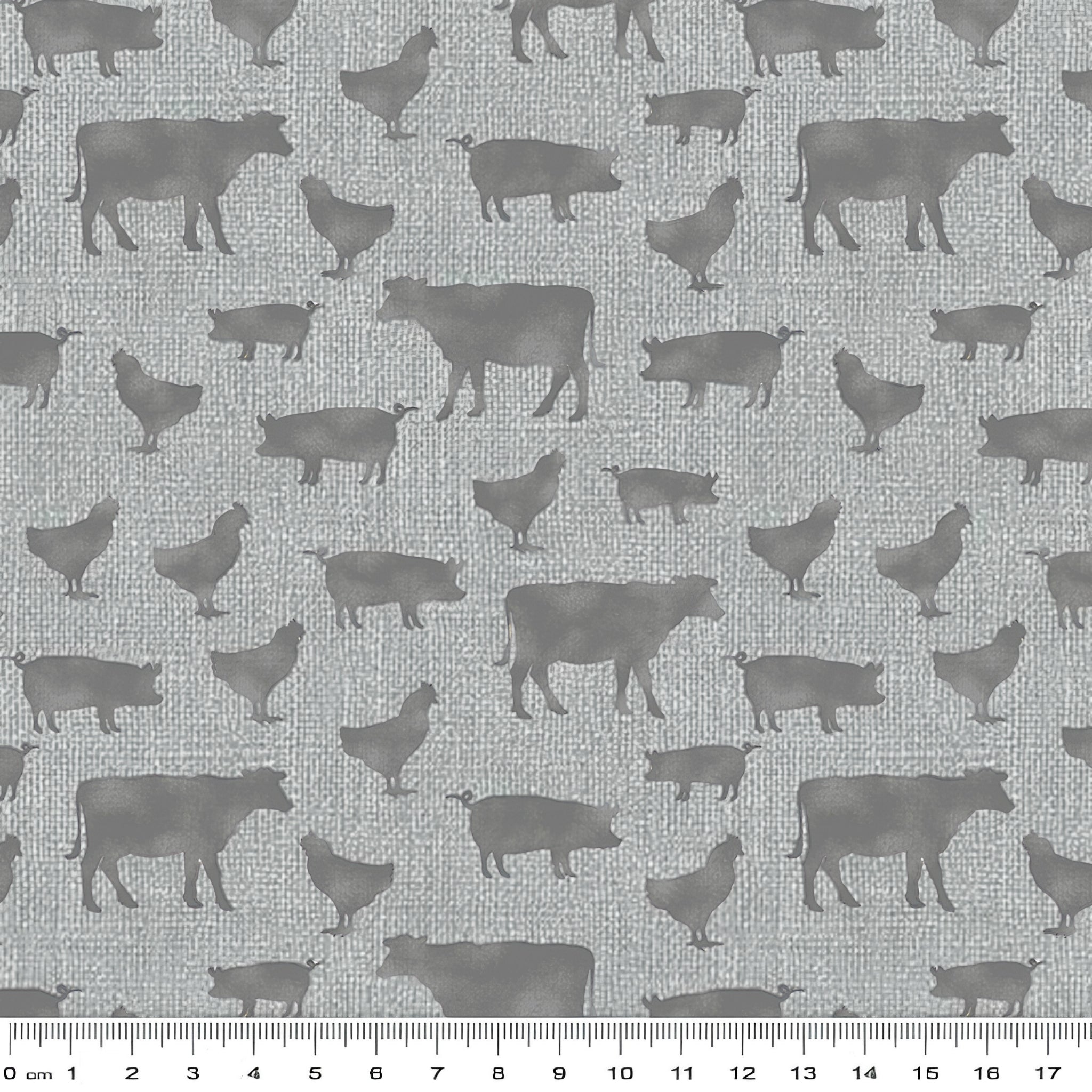 Grey cow pig chicken farm animal silhouettes soft grey linen-look fabric for farm-themed quilts cushion covers tote bags and farmer gifts