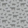 Grey cow pig chicken farm animal silhouettes soft grey linen-look fabric for farm-themed quilts cushion covers tote bags and farmer gifts