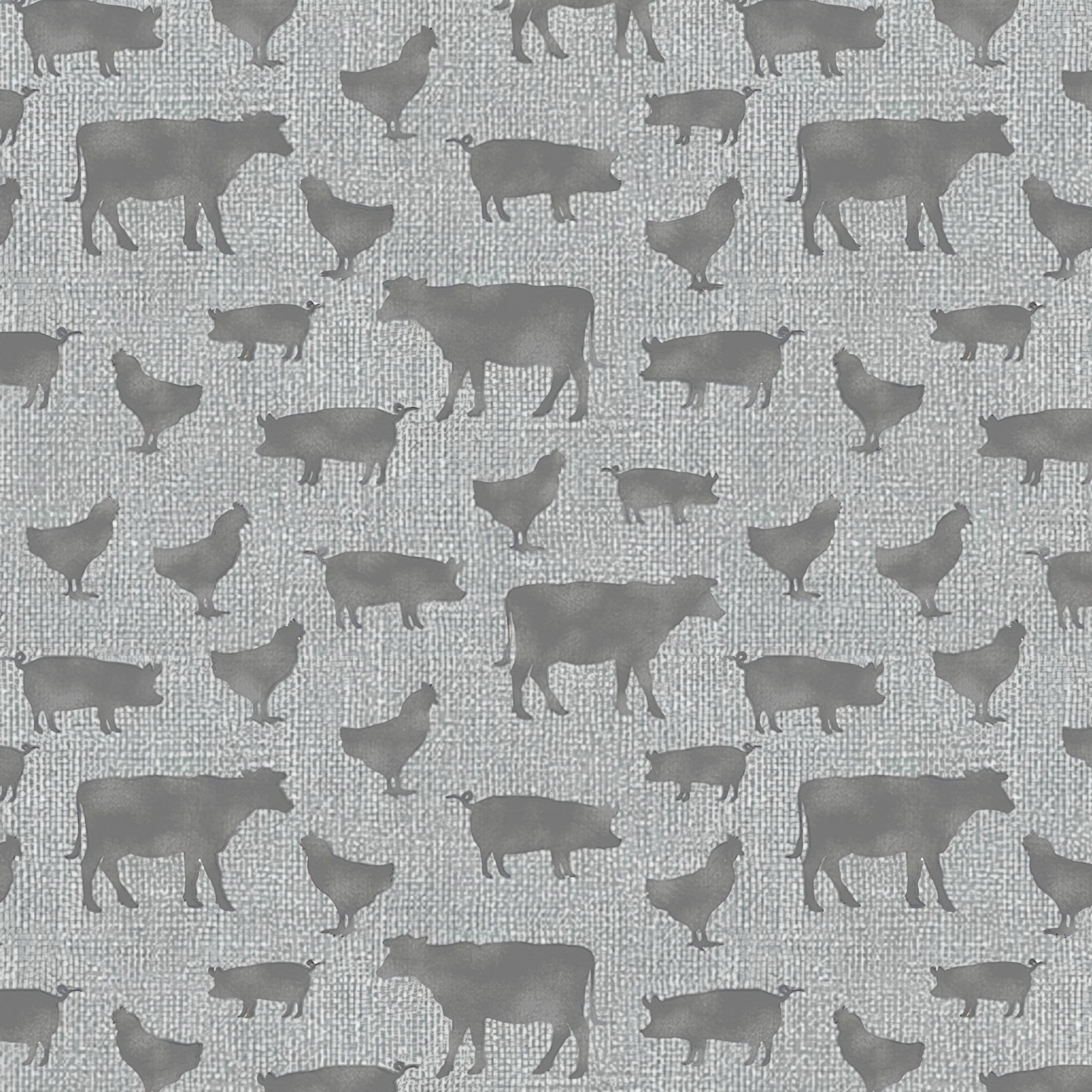 Grey cow pig chicken farm animal silhouettes soft grey linen-look fabric for farm-themed quilts cushion covers tote bags and farmer gifts
