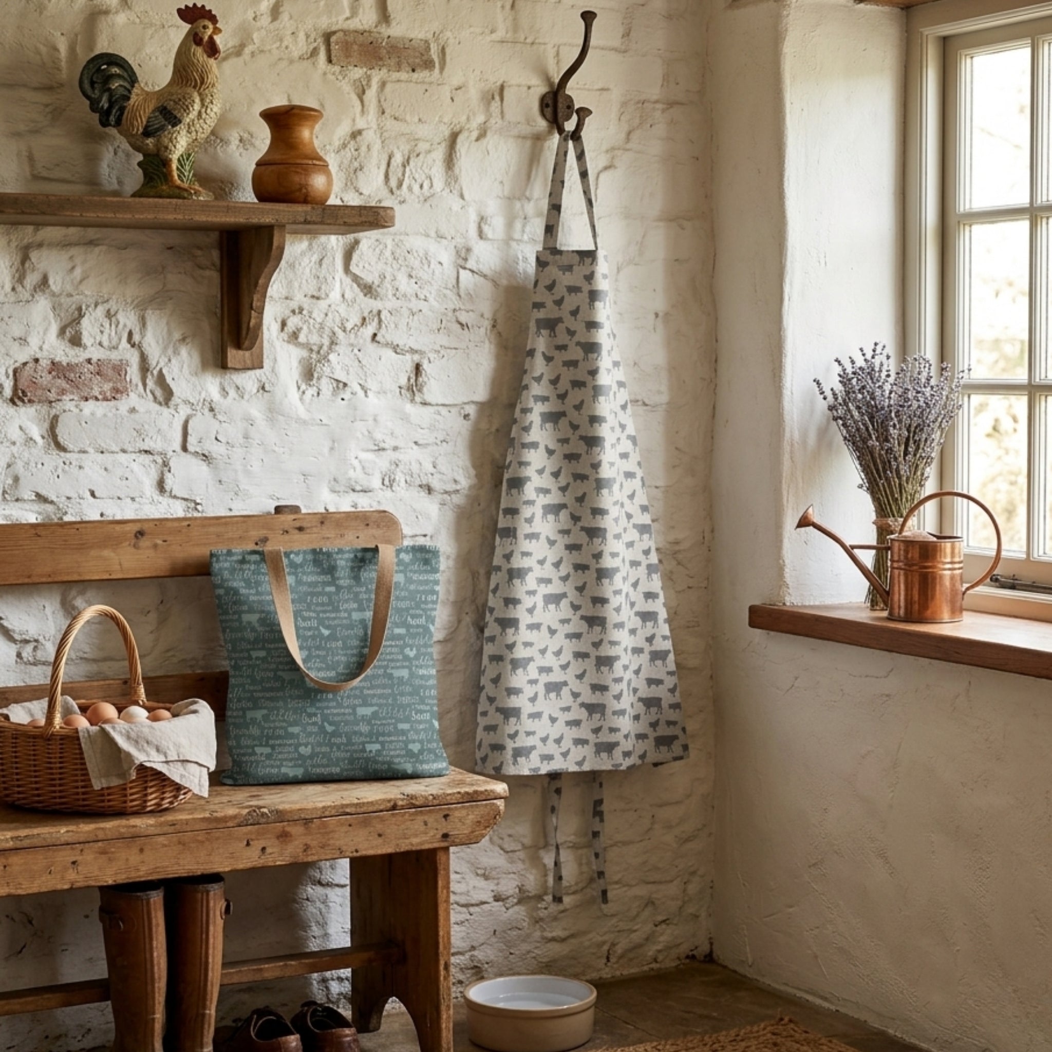 Farm Sweet Farm farm animals apron and teal words tote bag styled in a rustic stone farmhouse kitchen