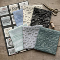 Farm Sweet Farm panel and fat quarter bundle grey wood background blue mint grey cream teal quilting fabric farmhouse patchwork sewing projects