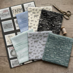 Farm Sweet Farm panel and fat quarter bundle grey wood background blue mint grey cream teal quilting fabric farmhouse patchwork sewing projects