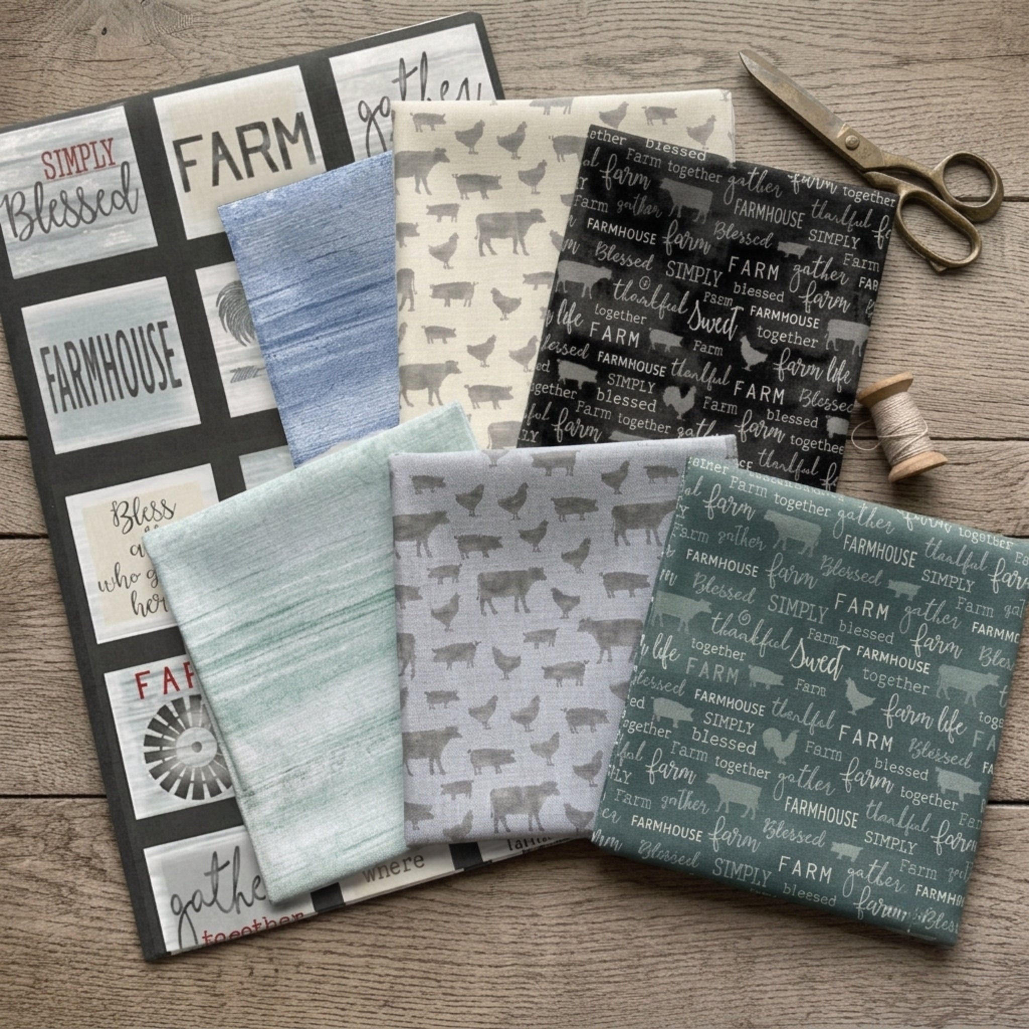 Farm Sweet Farm panel and fat quarter bundle grey wood background blue mint grey cream teal quilting fabric farmhouse patchwork sewing projects