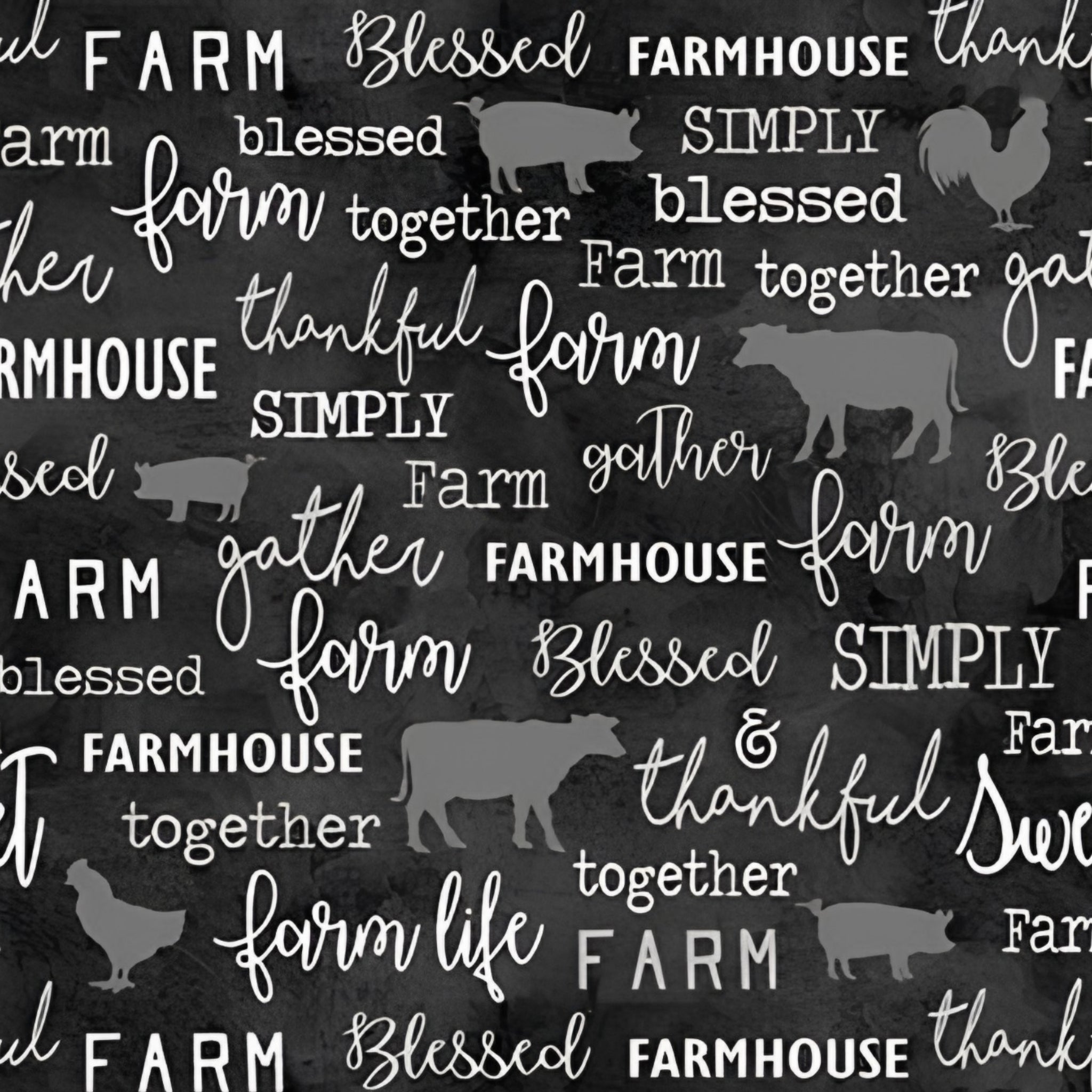 Tonal grey farm animal silhouettes cows pigs roosters chalkboard words farm blessed gather thankful charcoal black fabric for farm quilts and farmer gifts