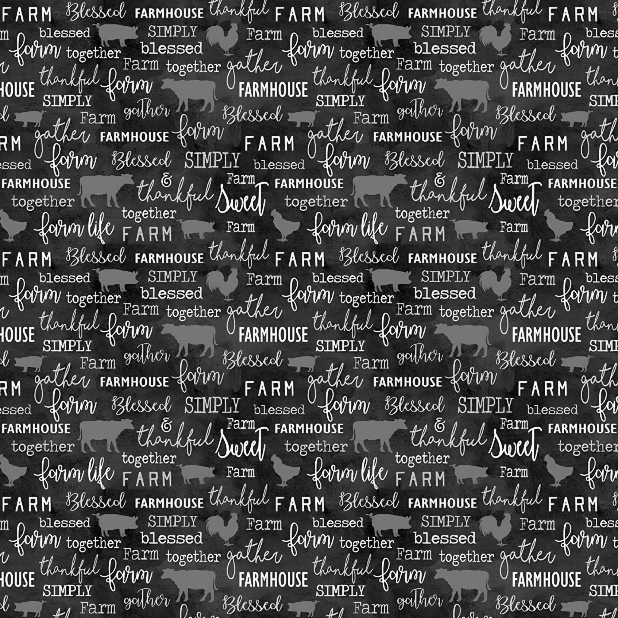 Tonal grey farm animal silhouettes cows pigs roosters chalkboard words farm blessed gather thankful charcoal black fabric for farm quilts and farmer gifts