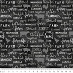 Tonal gray farm animal silhouettes cows pigs roosters chalkboard words farm blessed gather thankful charcoal black fabric for farm quilts and farmer gifts