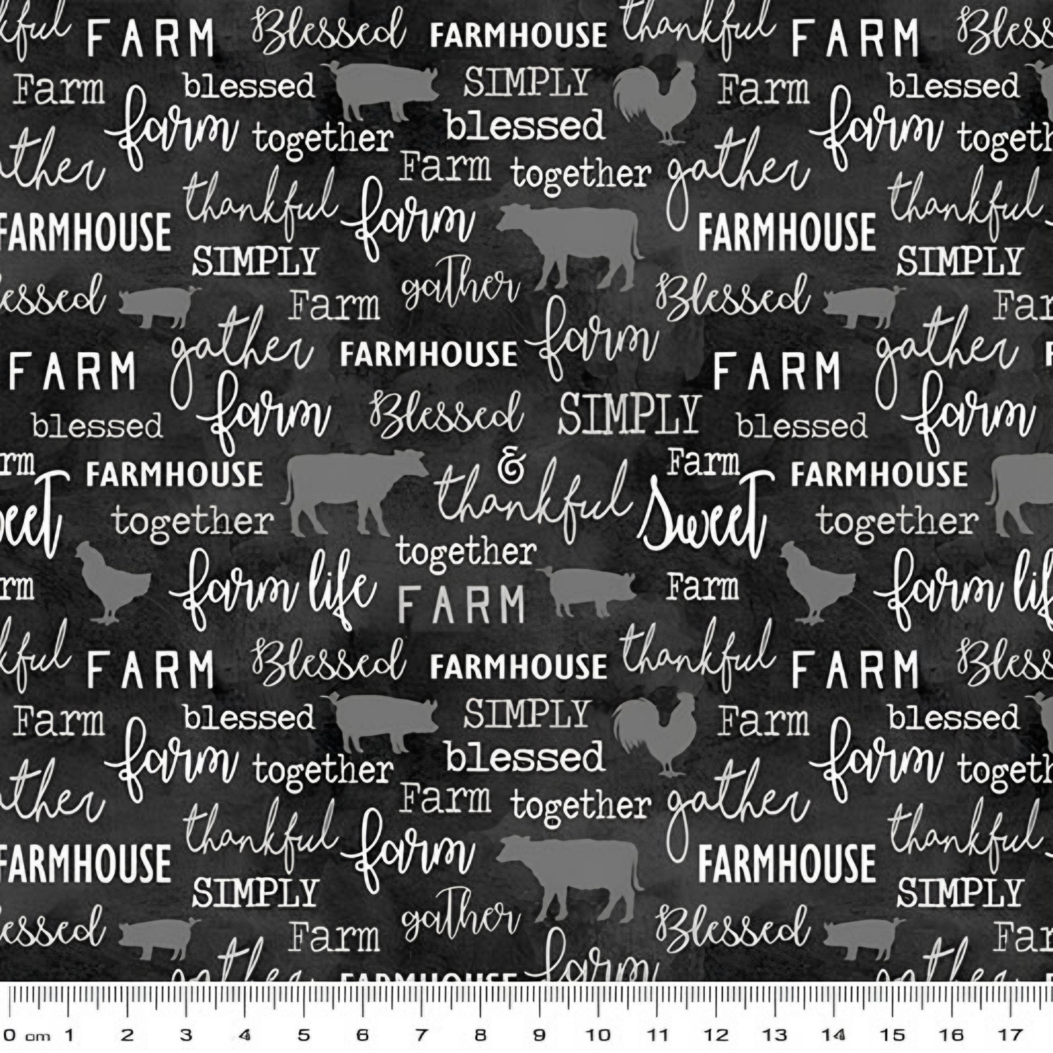 Tonal gray farm animal silhouettes cows pigs roosters chalkboard words farm blessed gather thankful charcoal black fabric for farm quilts and farmer gifts