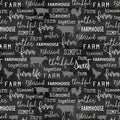 Tonal gray farm animal silhouettes cows pigs roosters chalkboard words farm blessed gather thankful charcoal black fabric for farm quilts and farmer gifts