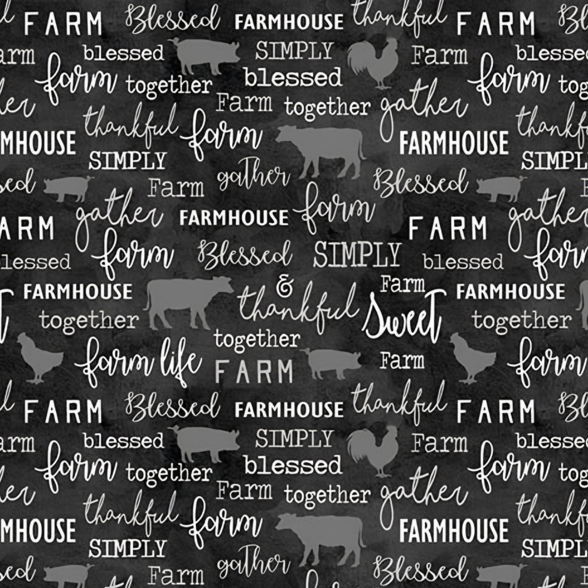 Tonal gray farm animal silhouettes cows pigs roosters chalkboard words farm blessed gather thankful charcoal black fabric for farm quilts and farmer gifts