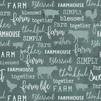Tonal farm animal silhouettes cows pigs roosters chalkboard words farm blessed gather thankful teal green fabric for farm quilts and farmer gifts