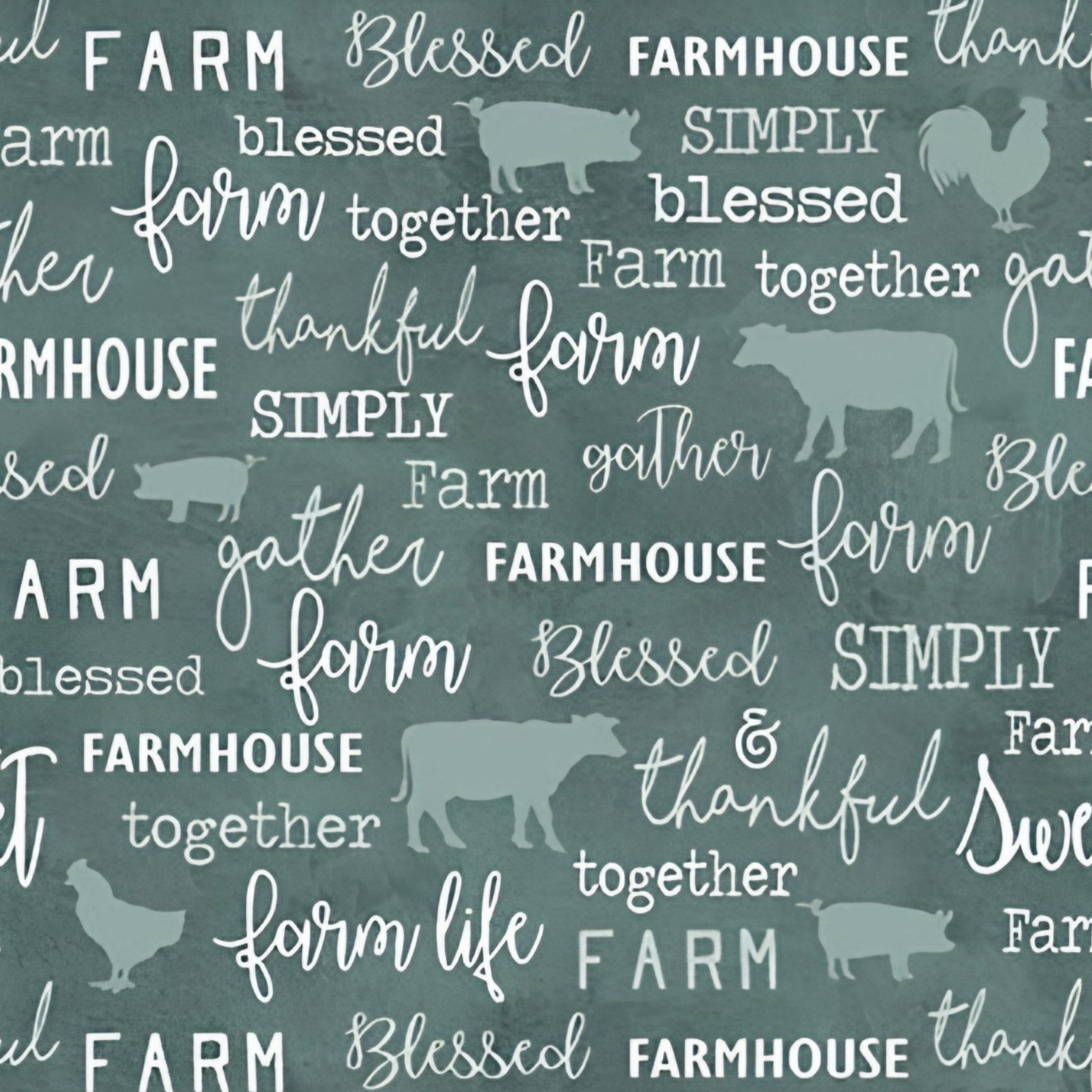 Tonal farm animal silhouettes cows pigs roosters chalkboard words farm blessed gather thankful teal green fabric for farm quilts and farmer gifts