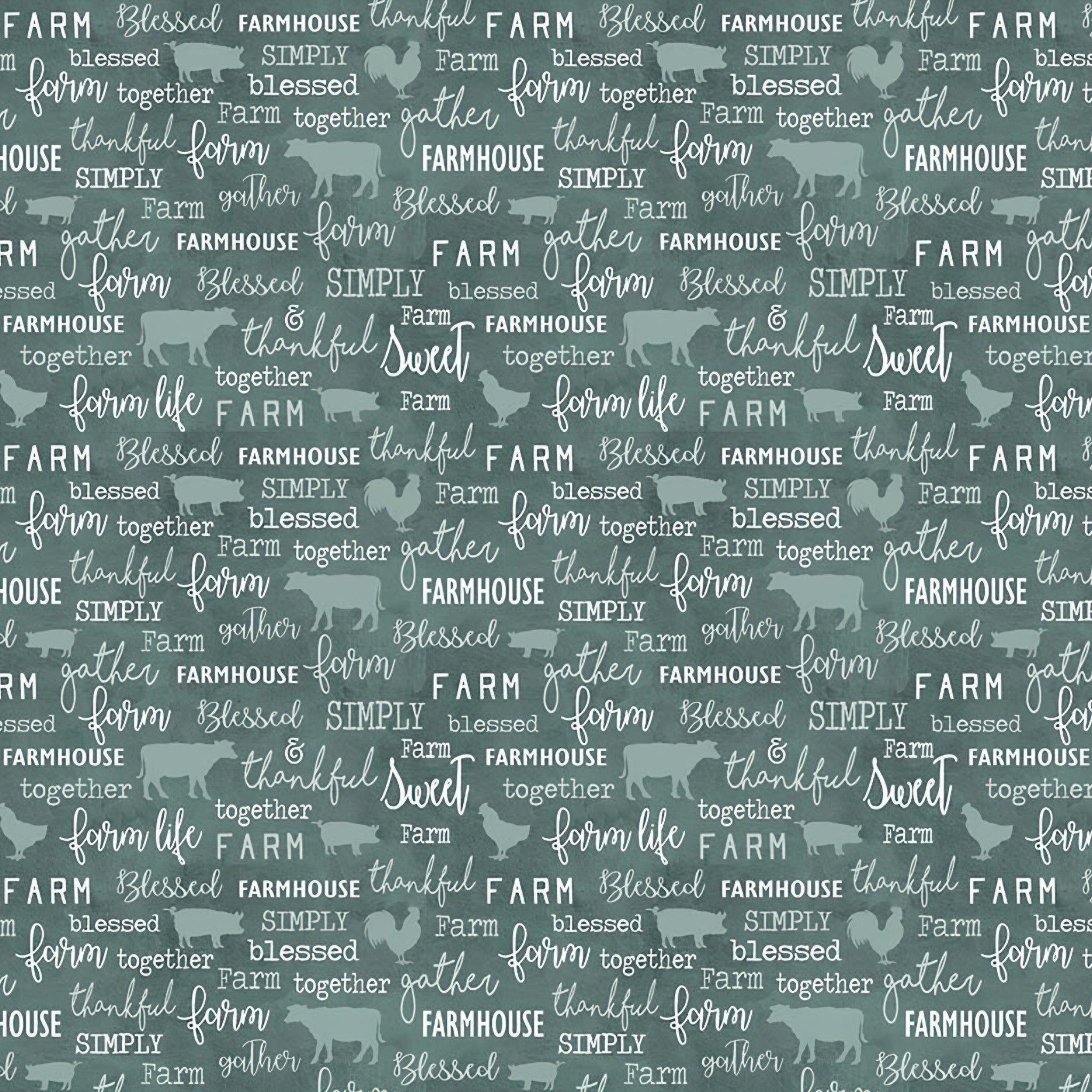 Tonal farm animal silhouettes cows pigs roosters chalkboard words farm blessed gather thankful teal green fabric for farm quilts and farmer gifts