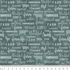 Tonal farm animal silhouettes cows pigs roosters chalkboard words farm blessed gather thankful teal green fabric for farm quilts and farmer gifts