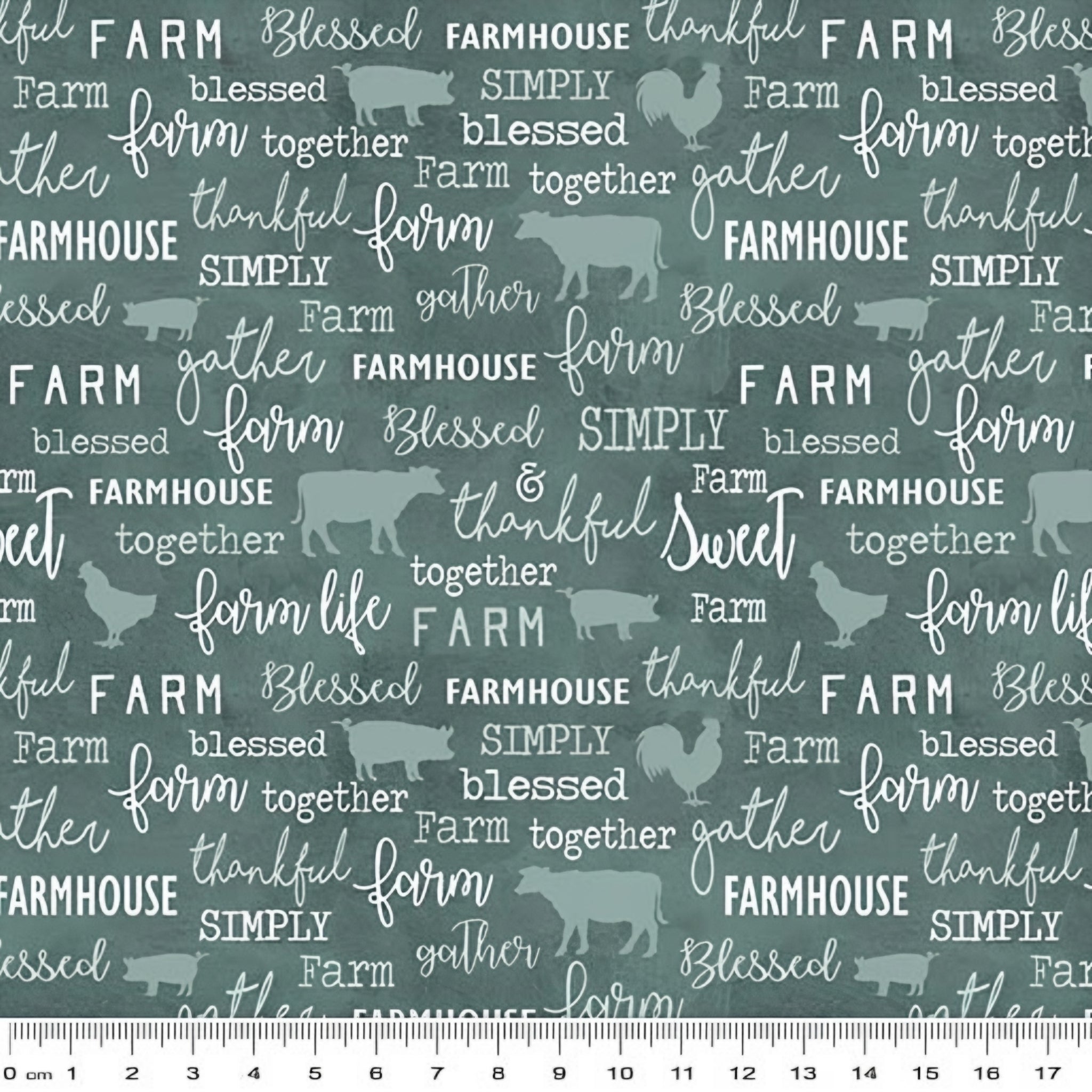 Tonal farm animal silhouettes cows pigs roosters chalkboard words farm blessed gather thankful teal green fabric for farm quilts and farmer gifts