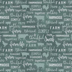 Tonal farm animal silhouettes cows pigs roosters chalkboard words farm blessed gather thankful teal green fabric for farm quilts and farmer gifts