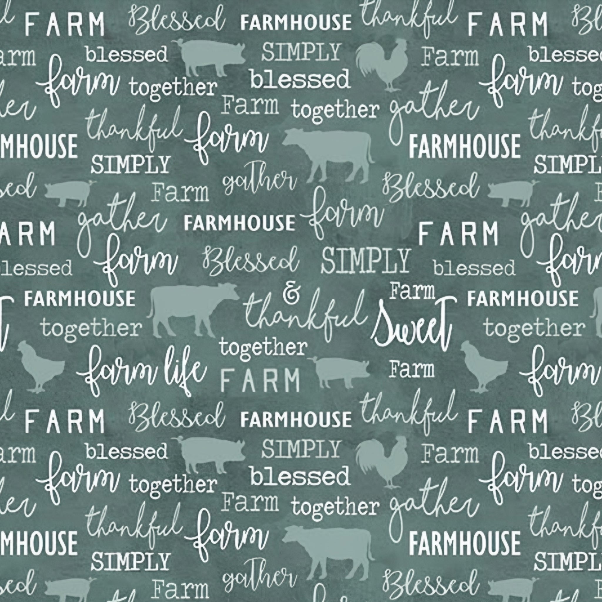 Tonal farm animal silhouettes cows pigs roosters chalkboard words farm blessed gather thankful teal green fabric for farm quilts and farmer gifts